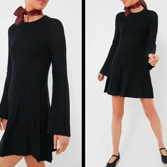 Pomander Place NWT Black Adi Long Belle Sleeve Ribbed Knit Dress - Picture 2 of 9